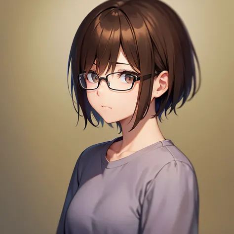 brown haired woman with short hair、hightquality、wears glasses、without background、Alone、Sad face、Facing forward