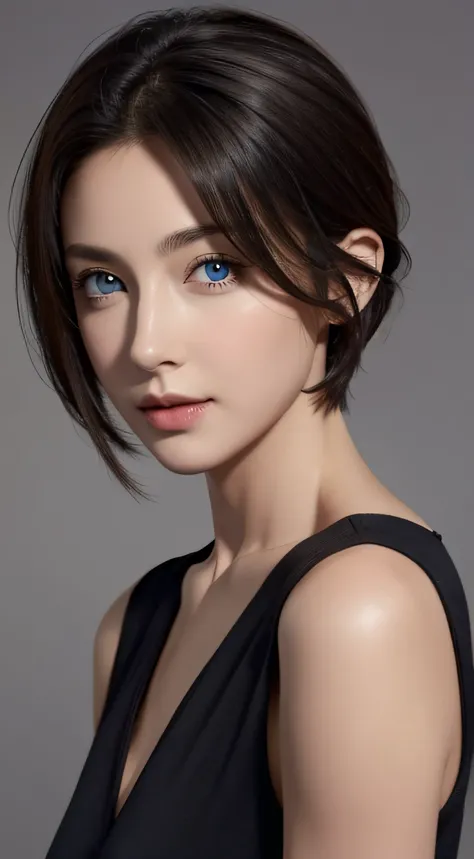 Skin Tight Black Top:1.2, Looking at Viewer, Cinematic lighting, Perfect, softlight, High resolution skin:1.2, Realistic skin texture, 30 years old mature woman、a small face、no-makeup、, off shoulders,Bust B Cup、Small cleavage, Blue eyes, Short hair, dark b...