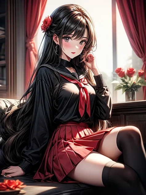 camellia, flower, red_flower, red_rose, rose, katana, 1girl, pink_rose, pink_flower, spider_lily, shoes, long_hair, school_uniform, serafuku, sheath, skirt, solo,  sheathed, vase, looking_at_viewer, sitting, orange_flower, pleated_skirt, rose_petals, black...