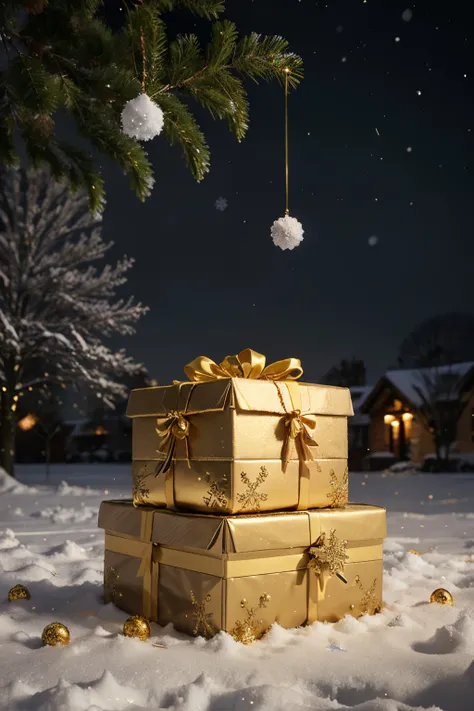 Christmas atmosphere，Stacked textured gift boxes，placed in soft snowdrifts，Golden Christmas balls placed next to gift boxes，Snowflakes are falling，The tree is surrounded by golden ribbons，The surrounding environment is dark，Brighter in the middle，Real-worl...