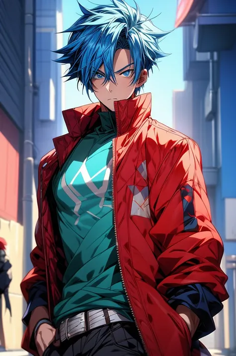 anime guy with blue hair and a red vest posing for a picture, 2 d anime style, anime style 4 k, anime boy, young anime man, tall anime guy with blue eyes, high quality anime artstyle, anime style. 8k, trigger anime artstyle, best anime 4k konachan wallpape...