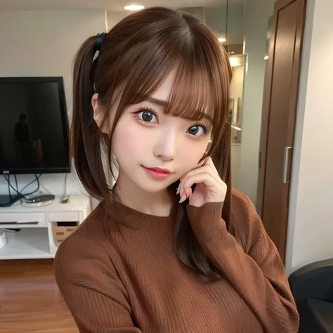 (Best Quality),(4K),(in 8K),(hight resolution),(Top image quality),cute little、Twintails with brown hair、Short hair random pose、top-quality、超A high resolution、(Photorealsitic:1.5)、女の子1人、Red Sweater、(Brown hair:1.2)、(huge-breasted:1.2)、‎Classroom、looking at...