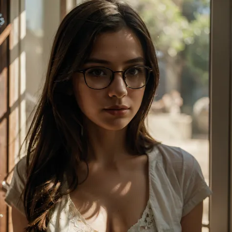 (best quality, masterpiece), 1girl, dappled sunlight, indoors, glasses, shy, 1 girl, young girl, (goosebumps:0.7), beautiful face, (eyeliner, lipstick:0.9), 4k, 8k, uhd, hdr, detailed background, background