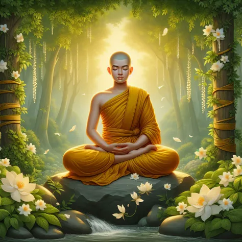 buddha sitting in meditation position in a forest with flowers, monk meditate, buddhist monk meditating, on path to enlightenmen...