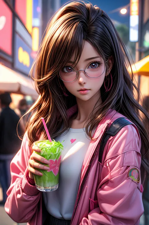 a girl in a pink jacket holding a drink, realistic anime 3 d style, cgsociety 9, kawaii realistic portrait, photorealistic anime girl render, trending on artstartion, realistic anime art style, 3 d anime realistic, soey milk, realistic anime artstyle, cute...