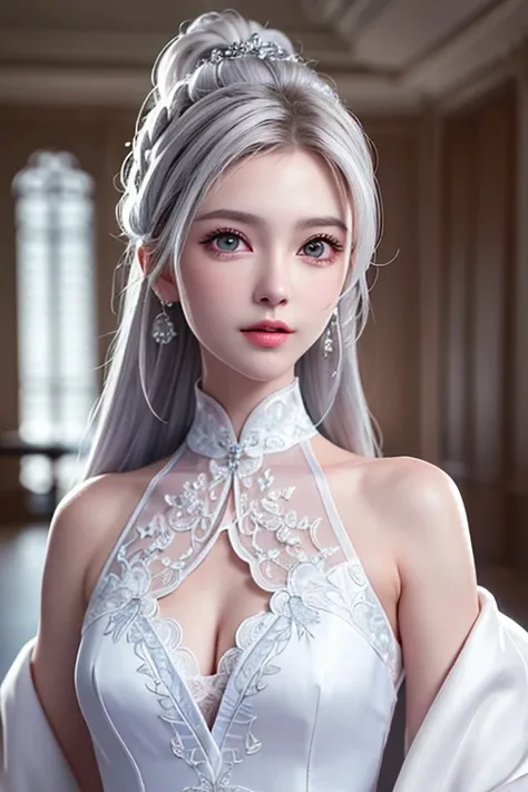 (Top Quality, Masterpiece: 1.2), Ultra High Resolution, Realistic, Front Lighting, Intricate Details, Exquisite Details and Textures, 1girl, Solo, (Youth), Face Highlights, Upper Body, Detailed Face, White Skin, Silver Hair, Ponytail, Braid Hair, Watch Vie...