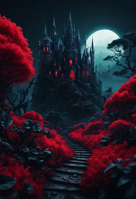 Magical Plants, red theme, hierarchical form, Gradient color, darkness, dark fantasy, absurd, surreal, Anglo-Gothic landscape, intricate, (best quality, masterpiece, Representative work, official art, Professional, unity 8k wallpaper:1.3)