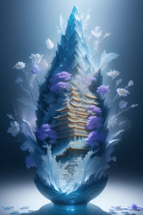 best quality, realistic, photorealistic, ultra detailed, "Mountain of Flower and Fruit，Fairy" highly detailed carving on "southern ice" porcelain,Ultra wide angle,Accent Lighting,Volumetric Lighting,backlighting, (detailed light),((an extremely delicate an...