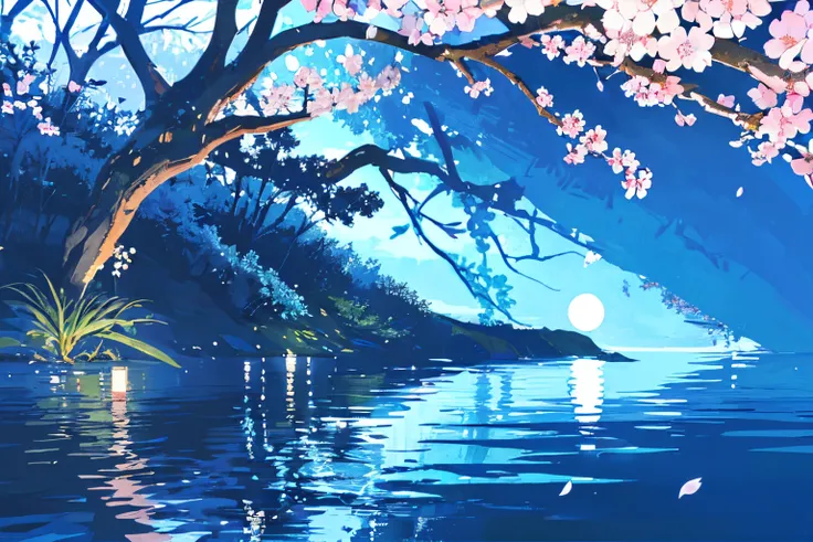 the night，light blue cherry blossom tree，light blue tree，full moon，waterface，trees growing on water，inverted image，there is no l...