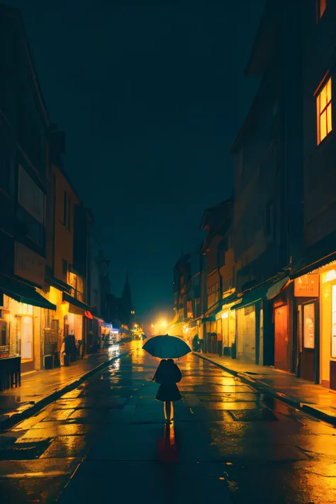 night, wide angle, landscape, girl with umbrella, alone in the dark