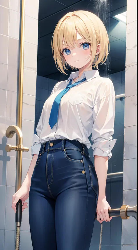 Young girls, blond with short hair, high ponytails, eBlue eyes, ssmile, Blue skinny shirt, denim pant, open shower room, Two swords, fly by rope, tmasterpiece, high high quality, 4K, k hd, Nice details