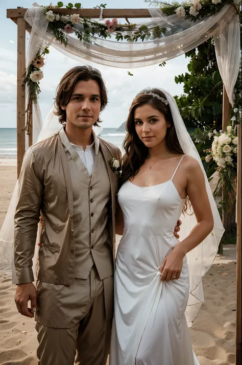 A naked bride of normal build with brown hair in a transparent wedding dress and veil stands with a groom with short brown hair, at a beach wedding ceremony in front of a priest, above them an arch of flowers, guests around, the groom is taller than the br...