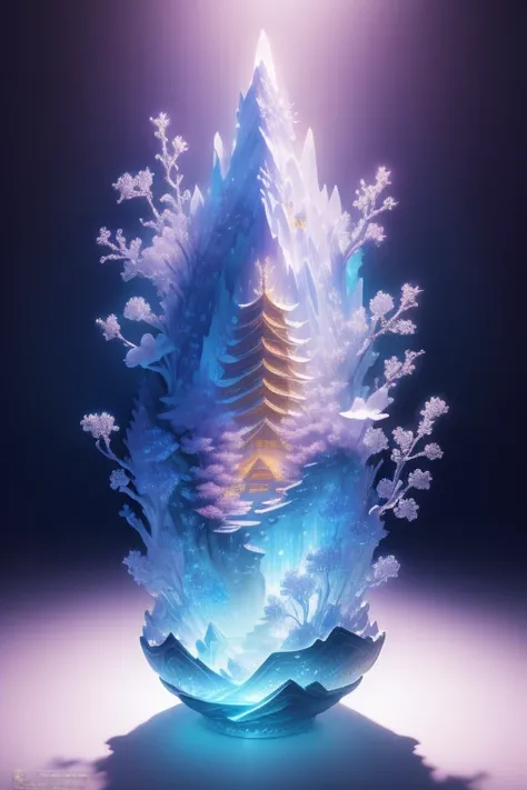 best quality, realistic, photorealistic, ultra detailed, "Mountain of Flower and Fruit，Fairy" highly detailed carving on "southern ice" porcelain,Ultra wide angle,Accent Lighting,Volumetric Lighting,backlighting, (detailed light),((an extremely delicate an...