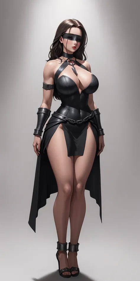 (Masterpiece), full body of a cleric female, big breast, detailed face, , full portrait, standing straight, shackles on arms and legs, black chocker on neck, SFW, blindfolded