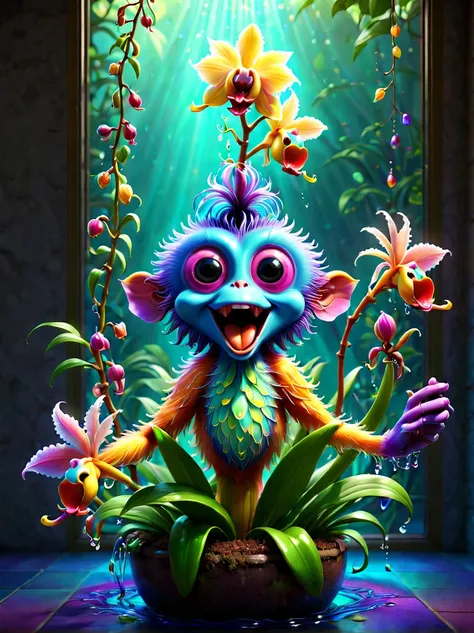 stained glass style，(a magical plant，Colorful rainbow monkey face orchid)，Mouth full of nectar, Cute 3d rendering, Plants covered in liquid, Rendered in Cinema 4D Octane, blender art, Cinema 4D color rendering, Very detailed happy photos, Render in Cinema4...