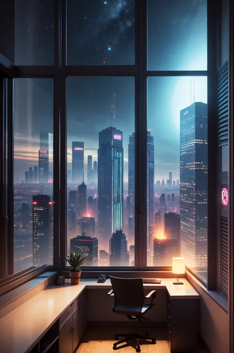 High quality tech cyberpunk-themed rooms, large seamless Window with city view, cyberpunk apartment, starry sky, cyberpunk with neon lighting, wide view