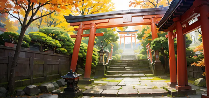 A Japanese shrine，At the end of the stone steps extending upward is the torii gate，New Years style，soft and bright colors，quality，tmasterpiece