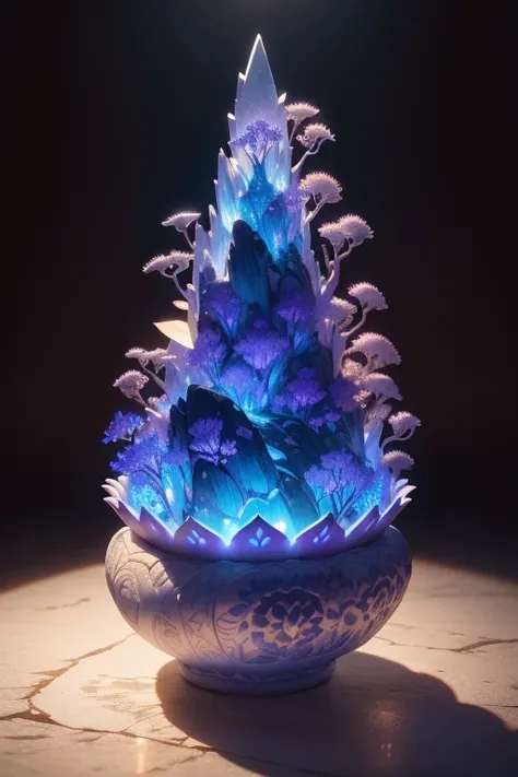 best quality, realistic, photorealistic, ultra detailed, "Mountain of Flower and Fruit，Fairy" highly detailed carving on "southern ice" porcelain,Ultra wide angle,Accent Lighting,Volumetric Lighting,backlighting, (detailed light),((an extremely delicate an...