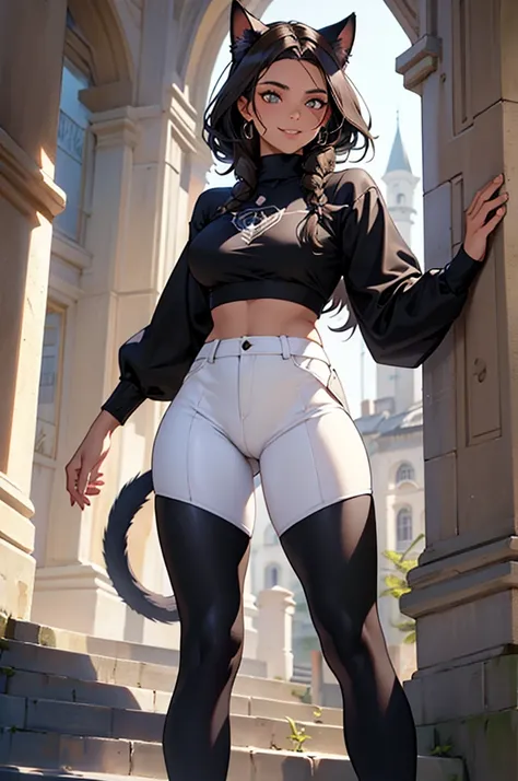 beautiful young female warrior fighter with cat ears on her head, com rosto bem detalhado e bonito, belos olhos, belos olhos, rosto lindo, beautiful young woman wearing long brown leggings with black details, sueter apertado branco, standing in a castle, u...