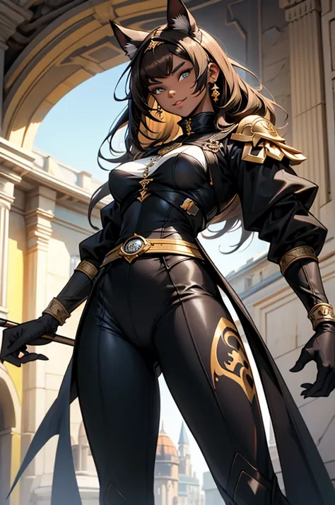 beautiful young female warrior fighter with cat ears on her head, com rosto bem detalhado e bonito, belos olhos, belos olhos, rosto lindo, beautiful young woman wearing long brown leggings with black details, sueter apertado branco, standing in a castle, u...