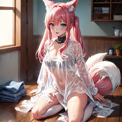 One girl anime styled。girl with。Blue eyes。 in estruig fox Tail。Looking at the camera,fox ear, pink hair, white crop top, fox tail, girl 18 old , utral light, sitting in the bedroom,hair hair, wear pantie, wear dress, salon,Wet and see-through、cute little、b...