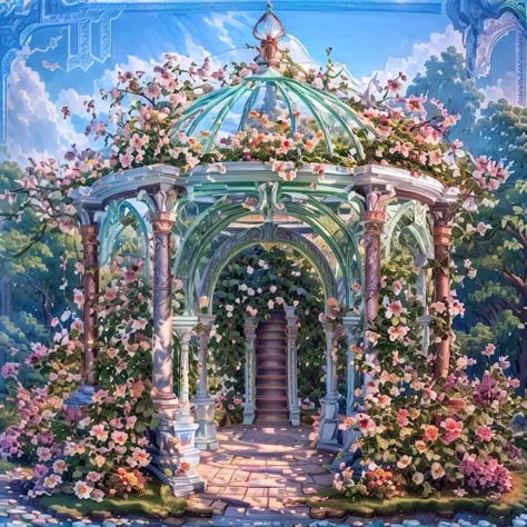 There is a gazebo，full of flowers and vines, royal garden background, beautiful render of a fairytale, , beautiful high resolution, Garden background, dreamy and detailed, Detailed landscapes, background artwork, high detal), well rendered, floral environm...