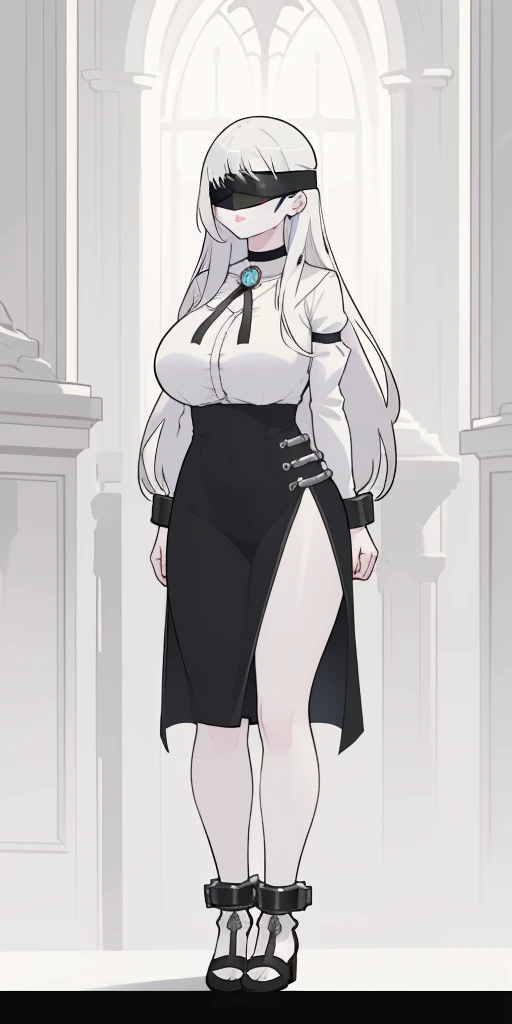 (Masterpiece), full body of a cleric female, big breast, detailed face, , full portrait, standing straight, shackles on arms and legs, black chocker on neck, SFW, blindfolded