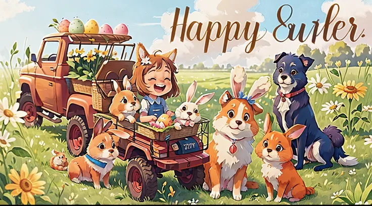 Close up of a group of dogs with rabbit ears driving a truck in a field, Happy, by Elaine Hamilton, Easter, Happy people, Very detailed photos of happiness, Add details, Everyone had a great time, grin face, anatomy of happiness, gladly, Wow a lot, gladly,...