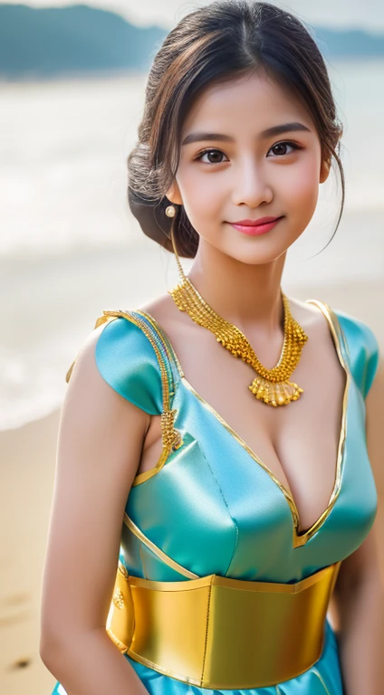 (1 girl), Very cute face..fresh, Very clean appearance, (High Quality:1.4), RAW photo, (Realistic, real light:1.37), Professional Photography, (Thai costume:1.5), (Open Thai dress), (cleavage:1.2), (breastplate), slight smile, (Staring at me...), beach, Gi...