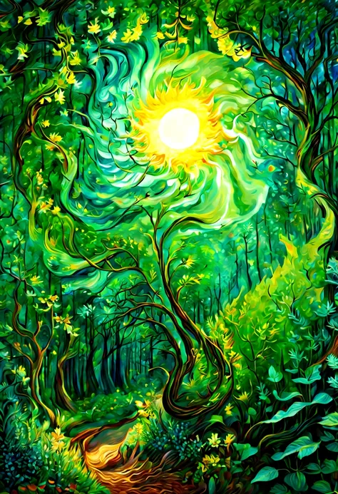 Magical Plants, by van gogh, sun, Magical woods, swirl painting, hierarchical form, Gradient color, intricate, (best quality, masterpiece, Representative work, official art, Professional, unity 8k wallpaper:1.3)