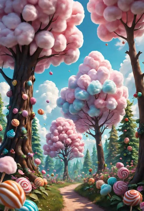 cotton candy treeest quality at best,4K,8K,A high resolution,tmasterpiece:1.2),ultra - detailed,(actual,realisticlying,Photorealistic:1.37),Sweet,vivd colour,Whimsical,giant tree,soft sky,Fluffy clouds,Fairytale,Tasty,tree branch filled with candy,sugar co...