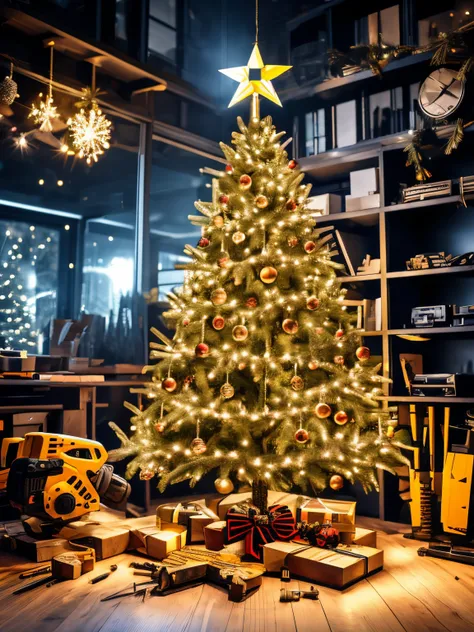 New Years card, a tree made of construction tools, a screwdriver, a chainsaw, a drill, a welding machine, a grinder, a saw, a laser level, a Christmas tree made of tools, a tree made of tools in a construction workshop, a workshop with tools in a New Years...