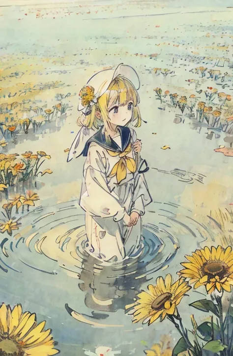 yellowflower、A yellow-haired、flower  field、Sateen、umbrellas、water puddles、reflector、a sailor suit