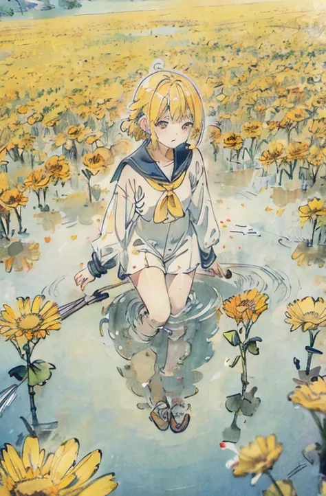 yellowflower、A yellow-haired、flower  field、Sateen、umbrellas、water puddles、reflector、a sailor suit