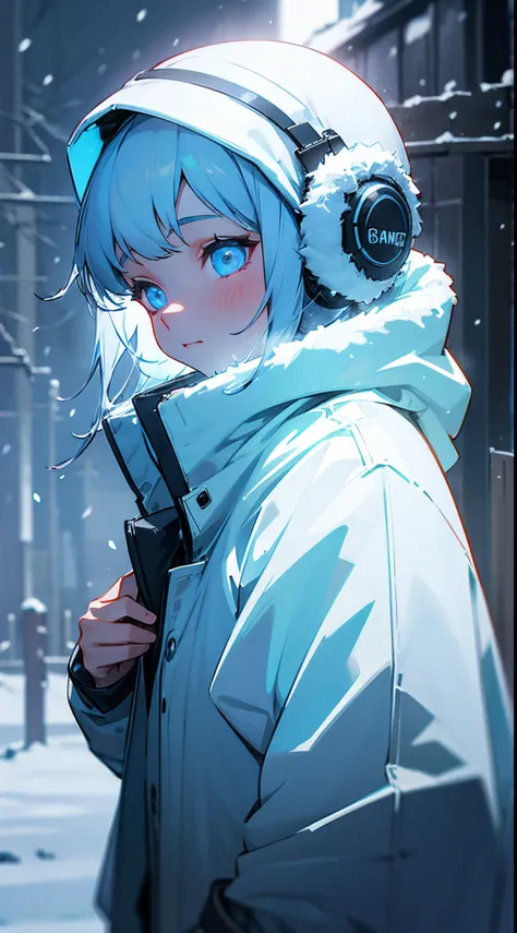 winter, snowfall, girl, headphones, glow, glowing, atmosphere