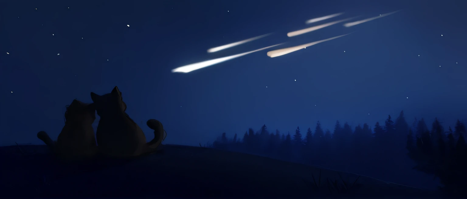 There are two cats sitting on the mountain watching the comet, during meteor shower, meteor shower, Meteor Fall, meteors, meteors are falling from the sky, shooting star in background, meteors, calm evening.