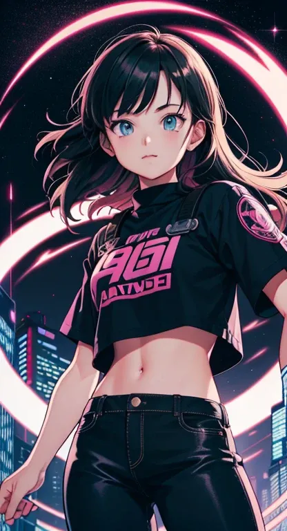 best quality, 4K wallpaper, masterpiece, extremely detailed CG unity 8k wallpaper, extremely detailed eyes, ultra-detailed, intricate details, masterpiece, best quality, 1girl, city pop, akira, night, neon lights, looking at viewer, body at an angle, sligh...