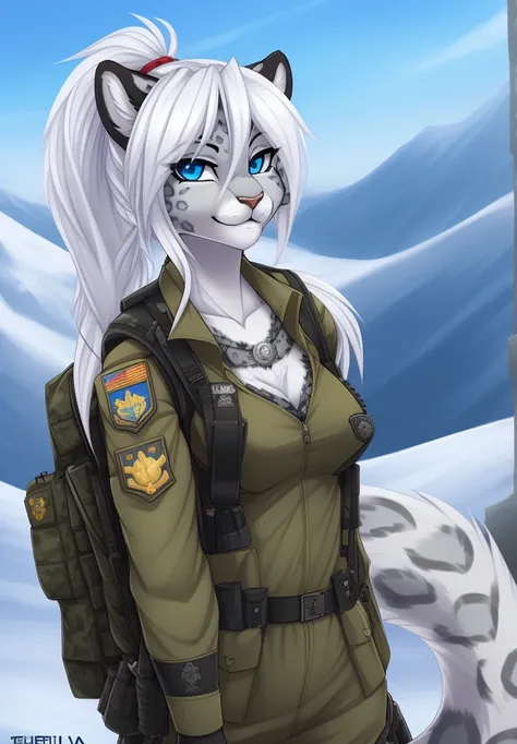 by fluff-kevlar, (best quality, masterpiece:1), solo, anthro, furry, female, ((Snow Leopard)), blue eyes, white hair, long hair, ponytail, portrait, fingers, finger claws, looking at viewer, snow leopard tail, ((large tuft of hair on the chest)), ((Militar...