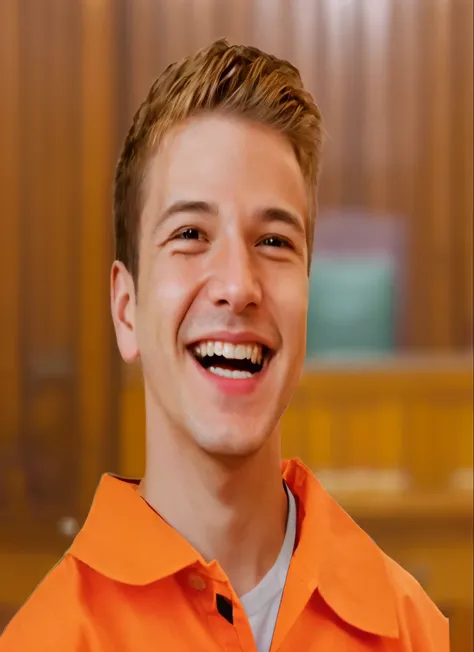 smiling young boy in orange shirt with a white shirt on, dressed in orange inmate attire, wearing orange prison jumpsuit, court images, court session images, dylan kowalsk, he is smiling, insane smile, charming sly smile, max dennison, grinning lasciviousl...