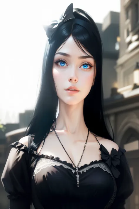 woman in black dress , black hair , blue eyes , bow in the hair