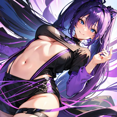 A woman, perfect body, tabby body, black and purple hair,blue eyes, ponytail style hair,smiling, compressed shirt,Tongue out