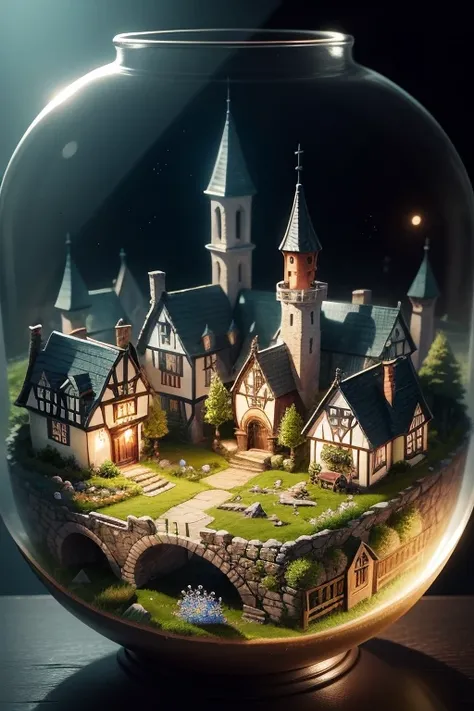 Microlandscape，Dwarfen village, cleanness，Glass texture，intricate detailed, Brilliant colors，Magical art, no mist, black background