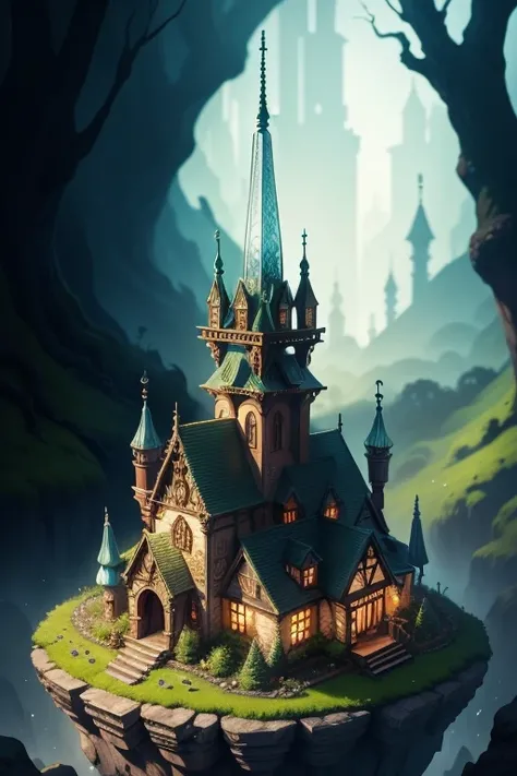 Microlandscape，Elven village, cleanness，Glass texture，intricate detailed, Brilliant colors，Magical art, no mist, black background