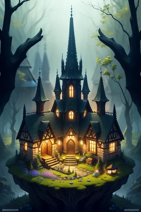 Microlandscape，Elven village, cleanness，Glass texture，intricate detailed, Brilliant colors，Magical art, no mist, black background