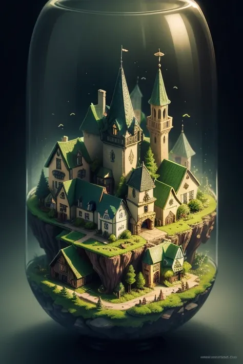 Microlandscape，Pixie village, cleanness，Glass texture，intricate detailed, Brilliant colors，Magical art, no mist, black background