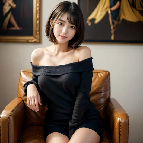 1 girl,A cute girl is smiling and looking at me,Angelic cuteness,Shiny black hair short hair,Lustrous lips,Moist eyes,Slender but big breasts,tre anatomically correct,Precise fingers,Fine-grained skin,Off-the-shoulder sweaters,Sitting in a plush chair,phot...