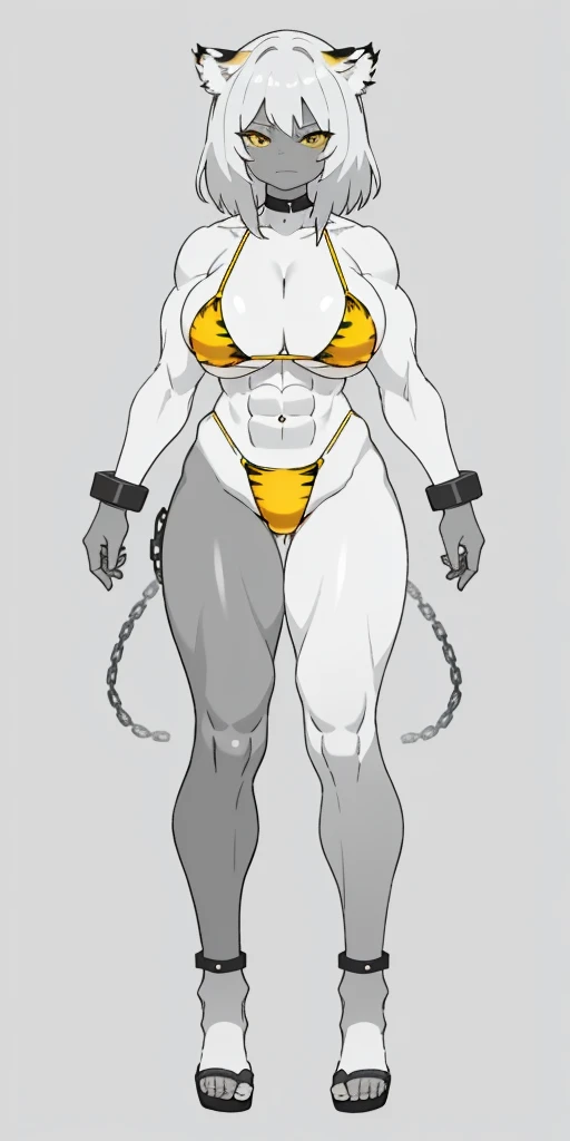 perfect hair, perfect body, looking at the viewer, standing, posing, mature female, very grey skin, muscular body, female oni, big breast, black chocker, slave chains, (((grey skin))), (detailed yellow bikini with tiger dots)