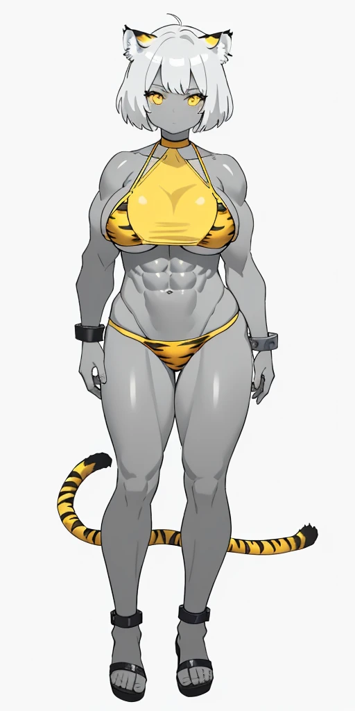 perfect hair, perfect body, looking at the viewer, standing, posing, mature female, very grey skin, muscular body, female oni, big breast, black chocker, slave chains, (((grey skin))), (detailed yellow bikini with tiger dots)