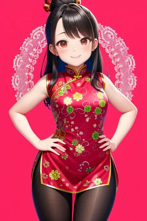 ultra - detailed，tmasterpiece，Best quality at best，love letter，blush blush，Yazawa Nico,red eyes, On the cheongsam,face flushed,Blunt hair,Curved body, On the ground, Beat the , upper legs，chubbiness，ssmile，both hands on hip，The lens is from the bottom up，