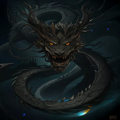 great masterpiece，winning artwork，UHD resolution，Extremely detailed composition，Very strong layering，(Extremely dark but clear cosmic space background:1.4),（Clean black background:1.3），A black dragon，The eyes are bright, Black Dragon，Black Chinese dragon, ...